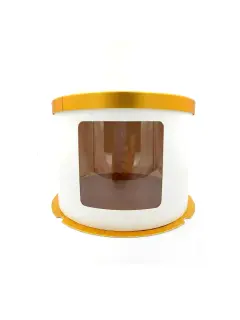 Caja redonda con visor blanco y dorado tapa oro