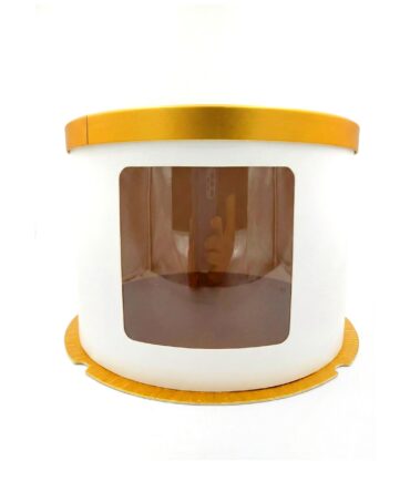 Caja redonda con visor blanco y dorado tapa oro