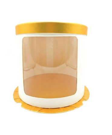 Cajas redonda con visor blanco y dorado tapa oro